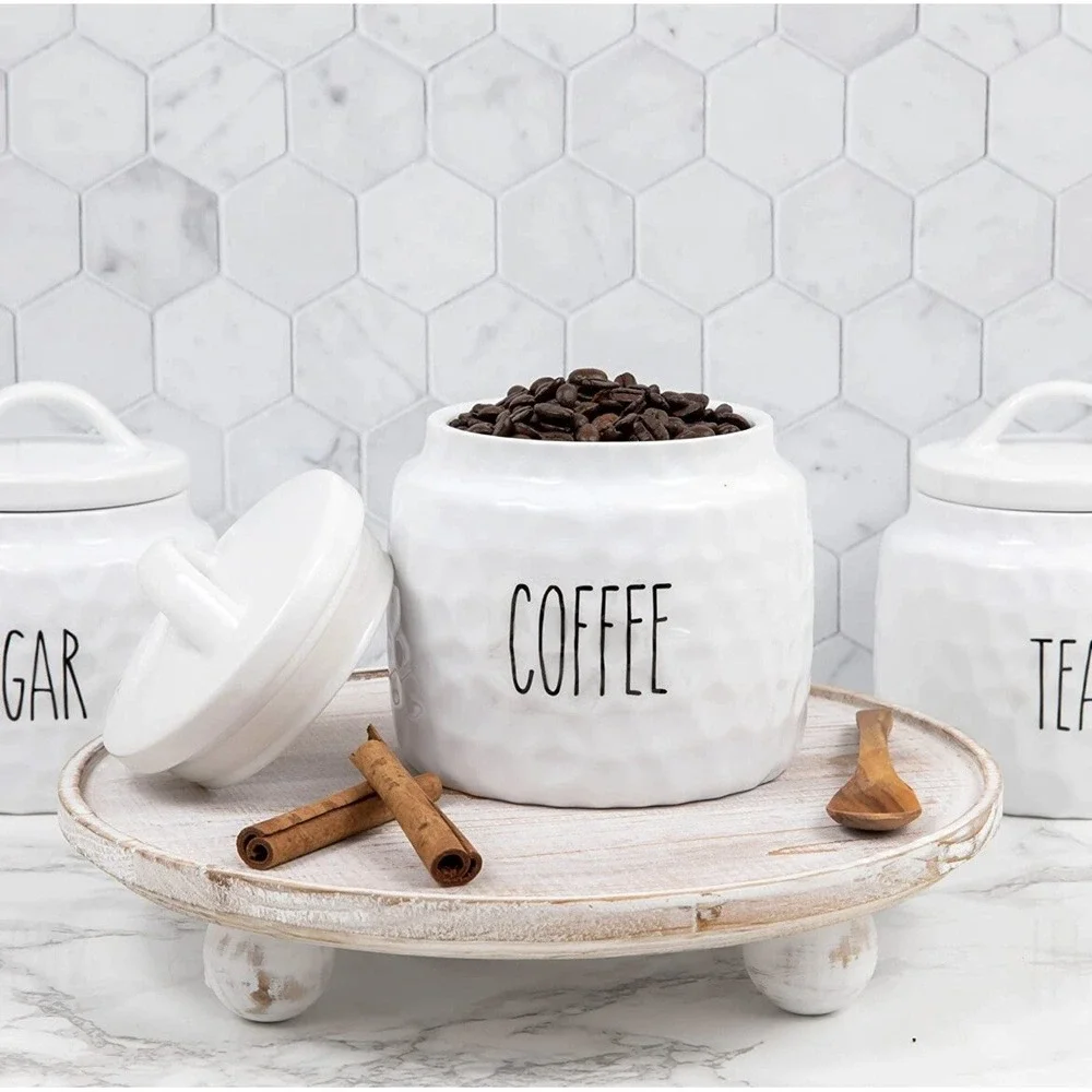 White Ceramic Dimpled Canister With‎ Labels Daily Ritmo 32 oz Capacity Airtight